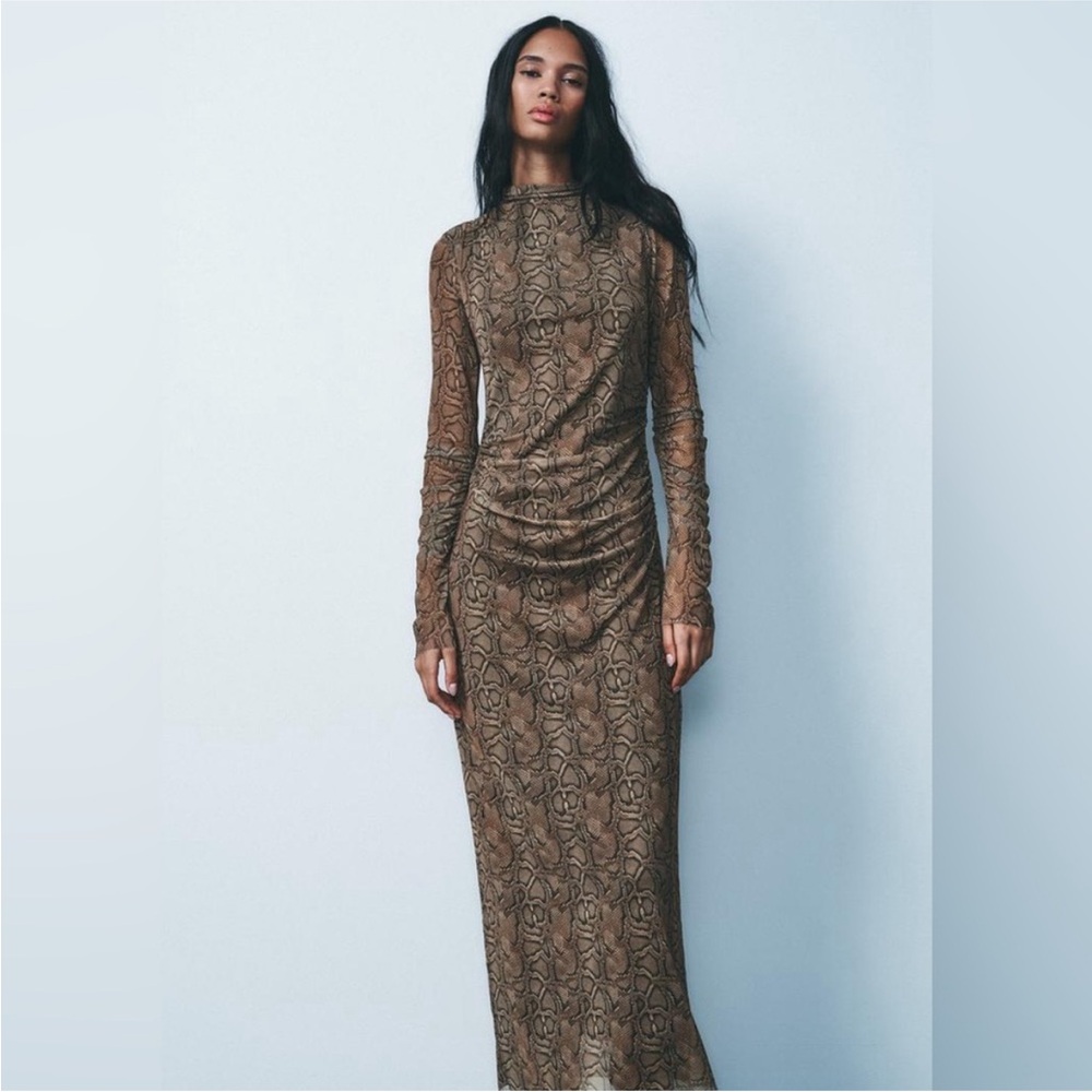 Zara Brown Long Sleeve bodycon snake print Dress